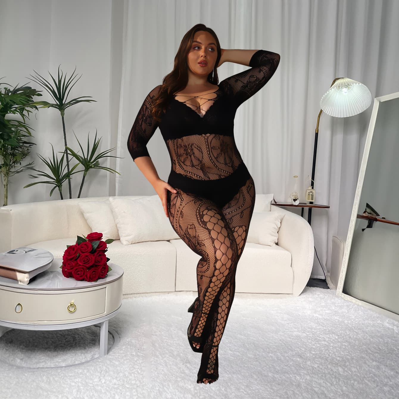 Plus Size Lace Cutout Bodysuit Lingerie for Women