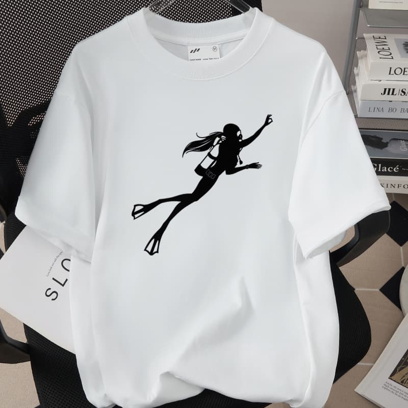 Diving Girl Creative Print T-Shirt Cross-Border Hot Selling Fashion Trendy Top 260g Cotton Short Sleeve 1002-37