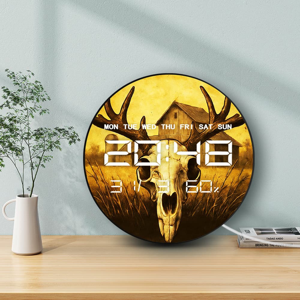 Deer Skull Barn Vintage Style Wall Clock Electronic Multifunctional Home Clock Temperature Humidity Silent Wall Clock