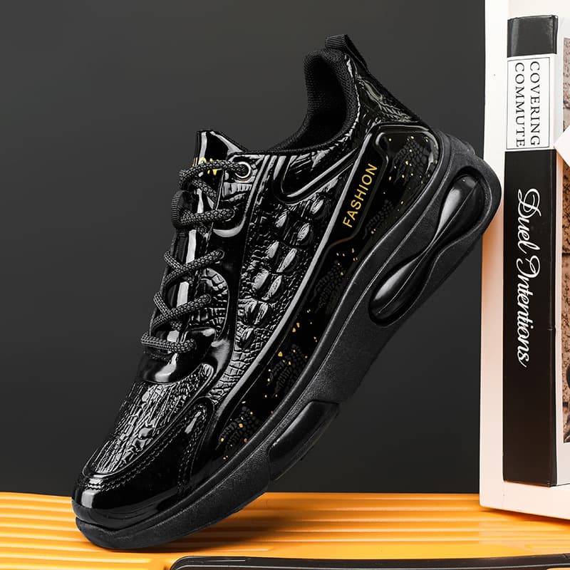 Men's Fall New Premium Crocodile Texture Casual Cushioned Running Shoes Black Phantom Sports Sneakers