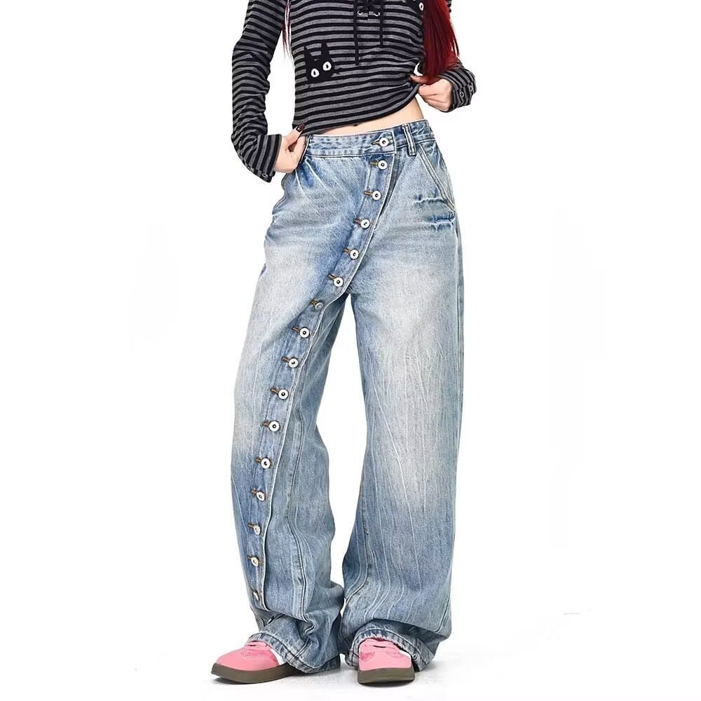American Vintage Washed Asymmetric Button Straight-Leg Jeans for Women, Designer Casual Loose-Fit Wide-Leg Pants