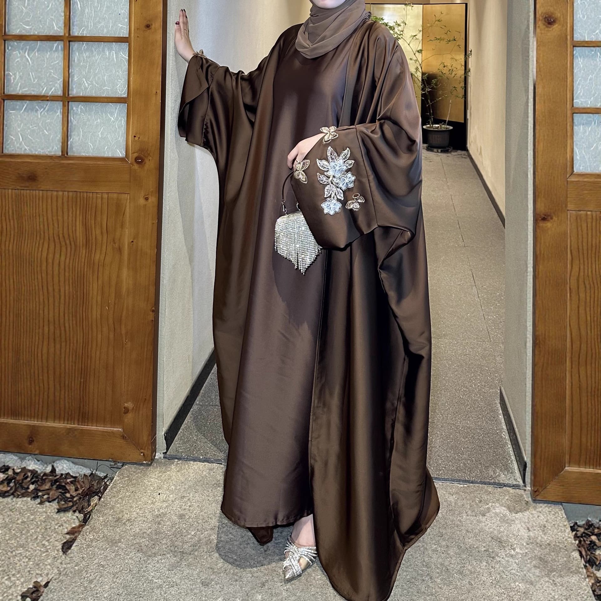 Embroidered Sleeve Cardigan, Luxury Open-Front Abaya, Embroidered Satin Abaya, Long Dress