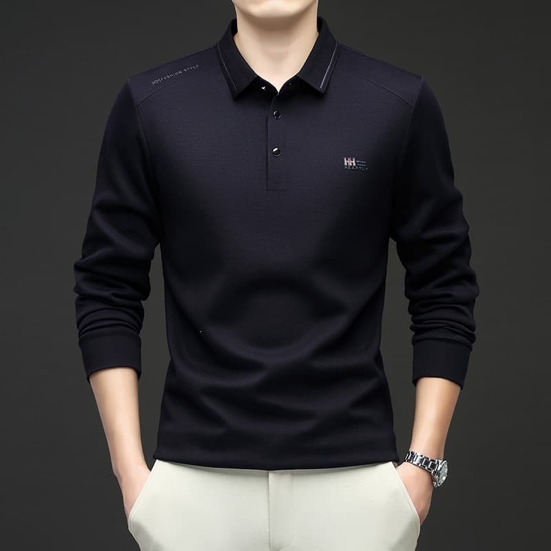 Spring and autumn lapel polo shirt long-sleeved T-shirt men's business casual POLO shirt warm top middle-aged business