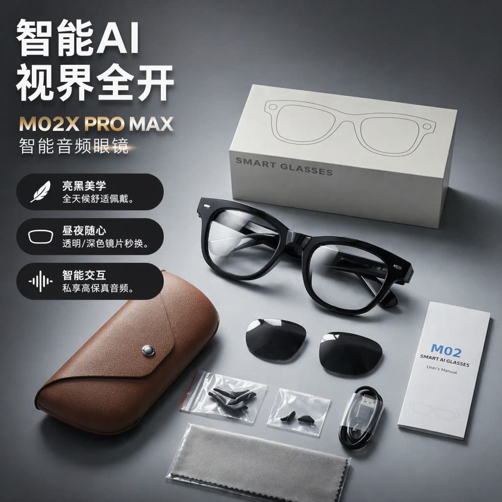 M02X Pro Max Smart Glasses AI Translation 13MP Camera Photo Video Bluetooth Calling Charging Case