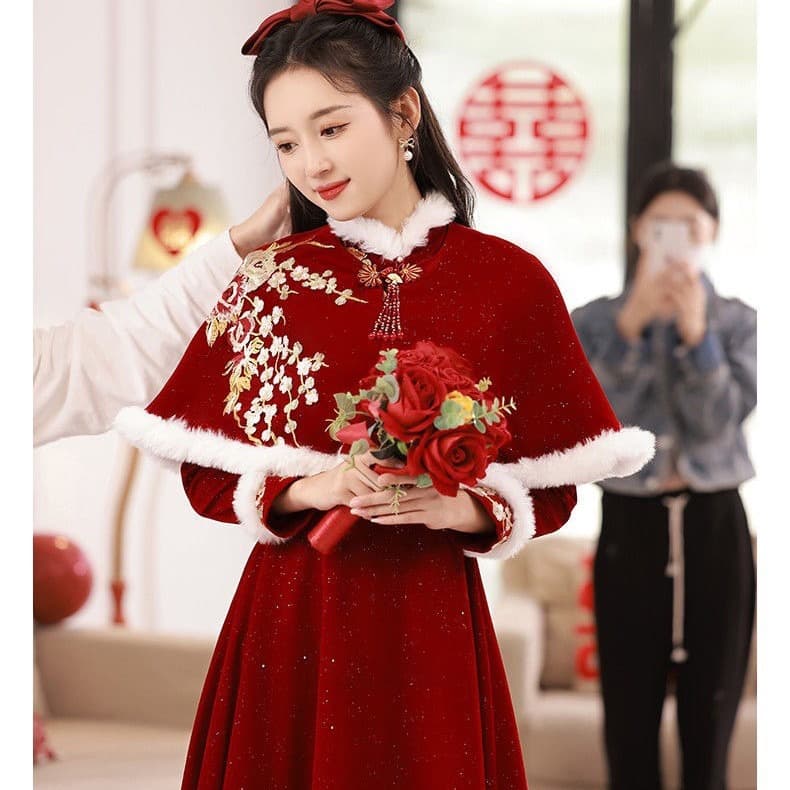 Winter toast dress bride thick style, 2024 new style, Chinese cheongsam wine red wedding dress, women's high-end long sleeve
