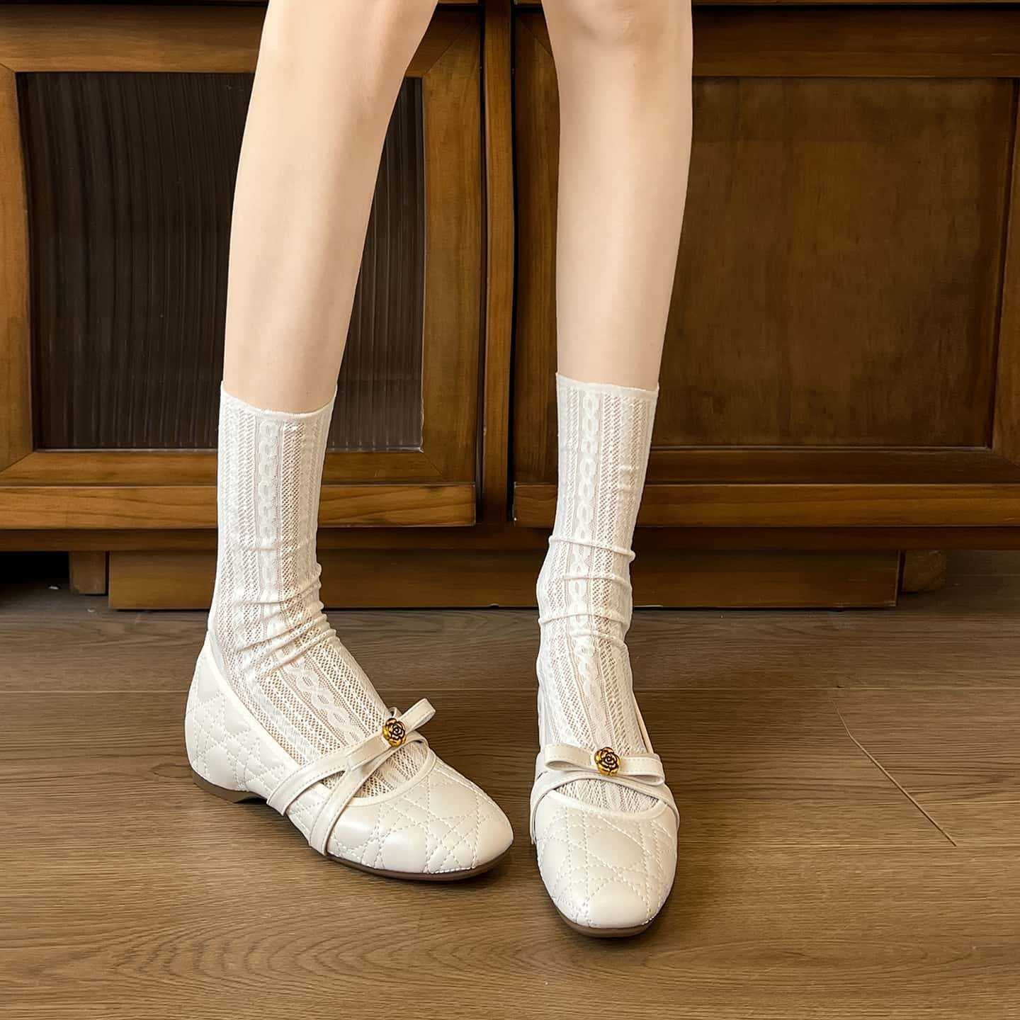 Sheepskin French Square Toe Bow Inner Height Increase Single Shoes Autumn Women's Camellia Shallow Mouth Mary Jane Leather Shoes