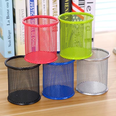 Metal Mesh Pen Holder Student Stationery Iron Craft Hollow Simple Multi-functional Round Desktop Storage Barrel Office Supplies