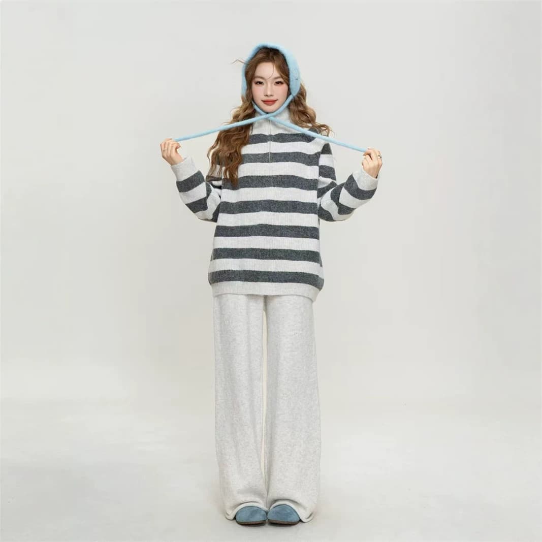 Factory Direct Casual Striped Knit Set for Women, Half-Zip Sweater + Wide-Leg Pants Two-Piece Set, Loose and Slimming