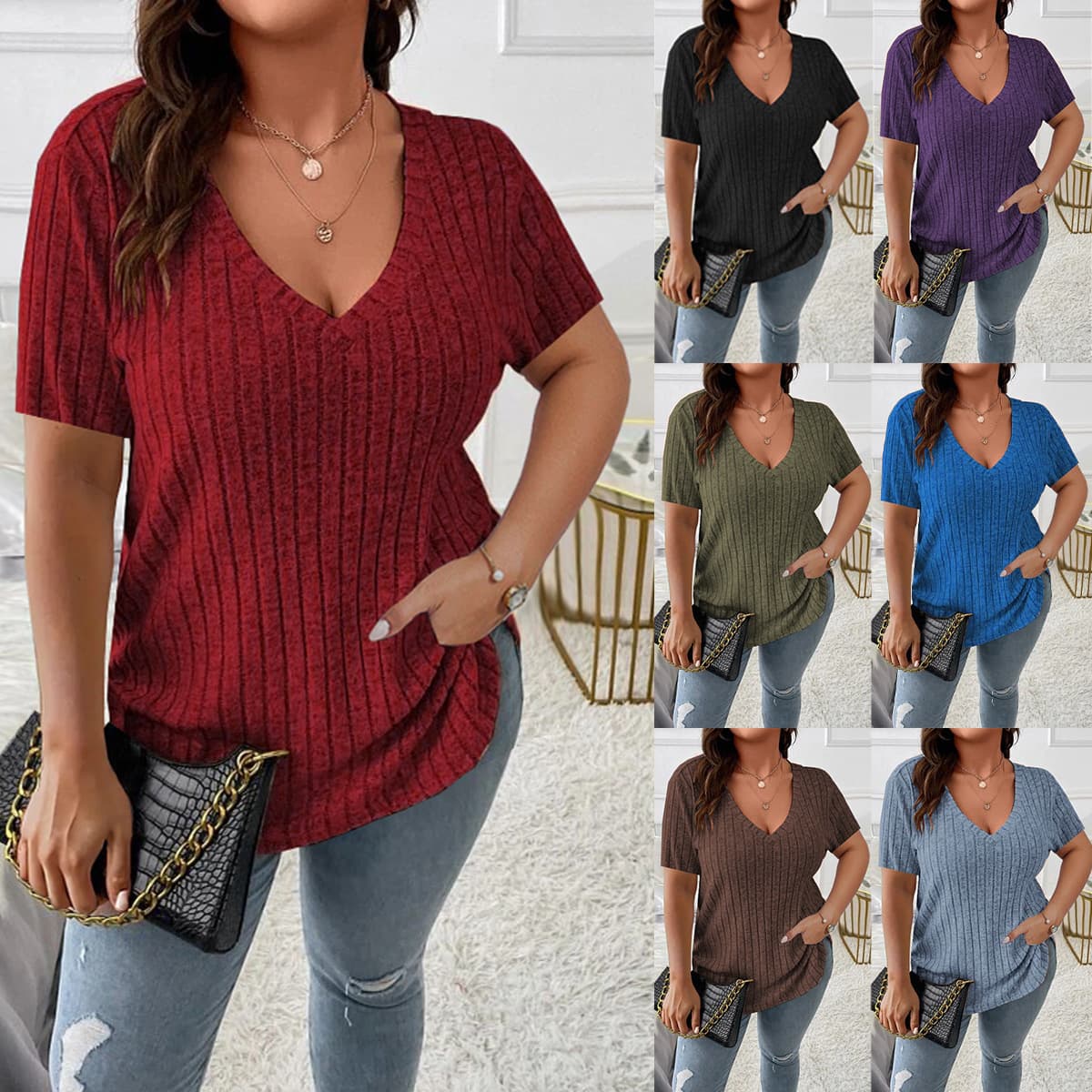 2024 Amazon Spring/Summer Bestseller Cross-Border Solid Plus Size Women's Elegant Top V-Neck Ribbed Short Sleeve Pullover T-Shirt