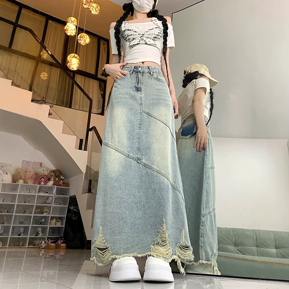 Plus Size Vintage Ripped Denim Skirt for Women Summer High Waist Loose Slimming Mid-Long Bodycon A-Line Long Skirt