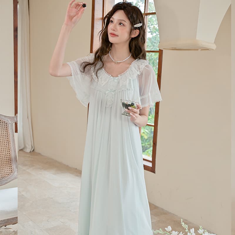 Women's Summer Nightgown New Short Sleeve Sweet Princess Style Lace Trim Long Dress Sleepwear, Wearable Outside Home Dress