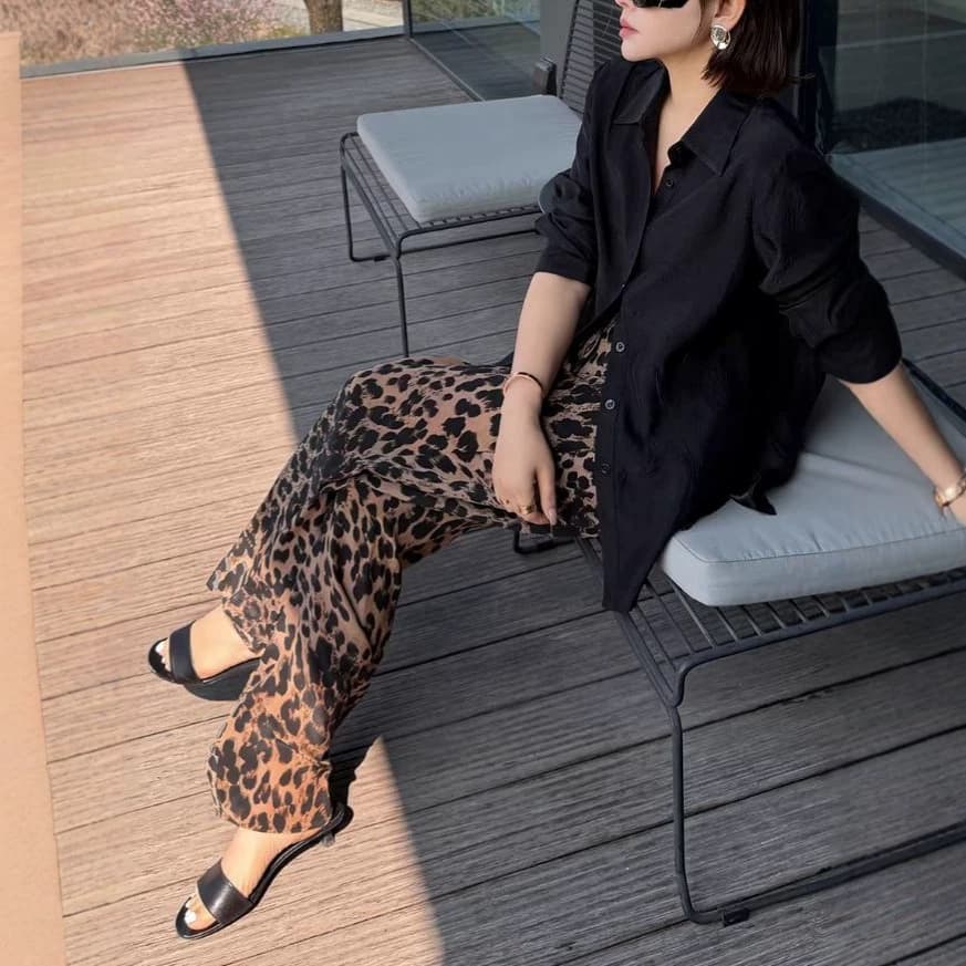 2026 Mulberry Silk Leopard Print Pants Retro High-Waist Drawstring Straight-Leg Casual Pants Summer Draped Slimming Leopard Print Long Pants for Women