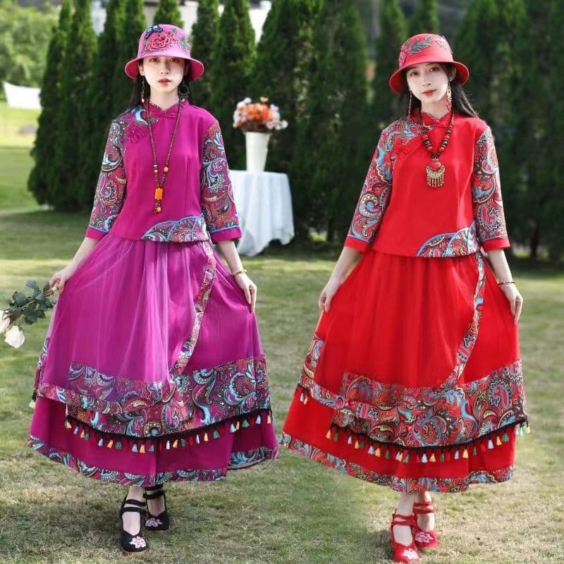 Yunnan ethnic style two-piece suit skirt set, new spring and autumn ethnic clothing cotton and linen retro style suit skirt