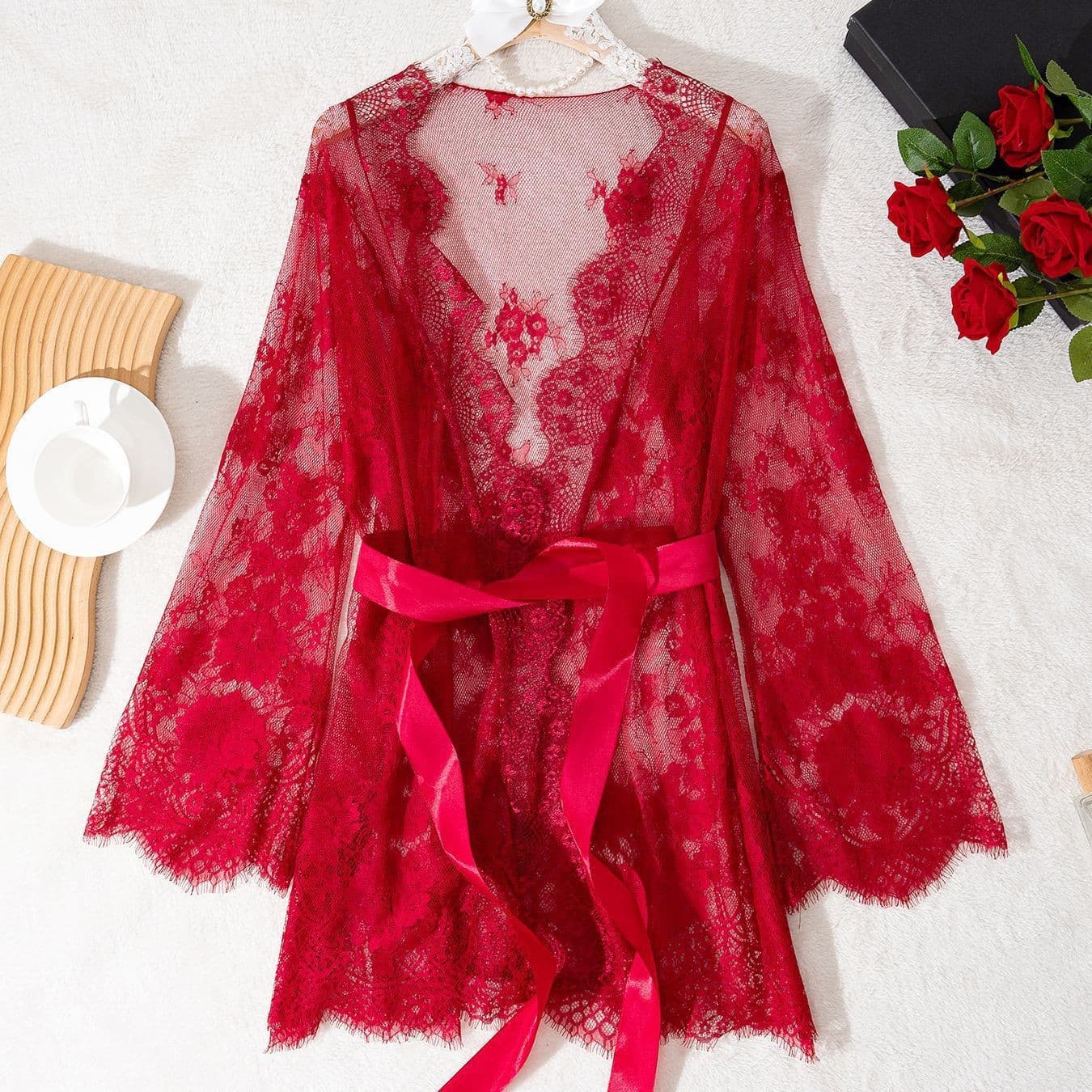 Midnight Charm 2025 Summer Red Lace Mesh Sexy Lingerie Small Bust Professional Women's Set