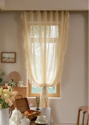 French Bohemian Style Gauze Curtain with Lace and Hook-Style Skirt Hem in a Natural Wood Style