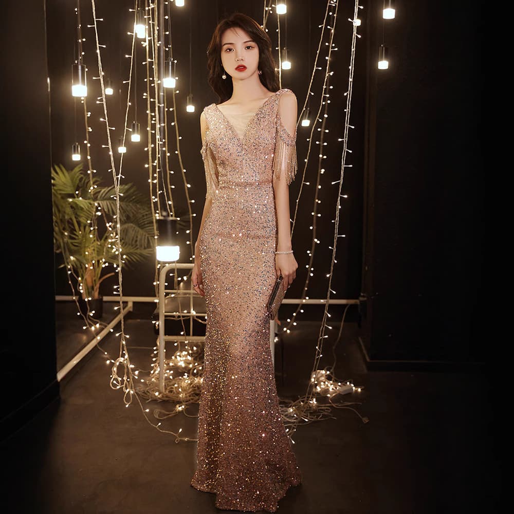 Foreign Trade Fishtail Evening Gown for Women Summer Banquet Host Long Dress Elegant Celebrity Niche Light Luxury Cross-Border Supply