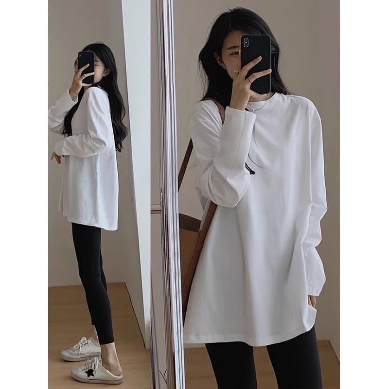 2024 New Women's Cotton Long Sleeve Base Layer T-Shirt, Loose European Style, Oversized Fit, Hip-Covering Design for Spring and Autumn Layering
