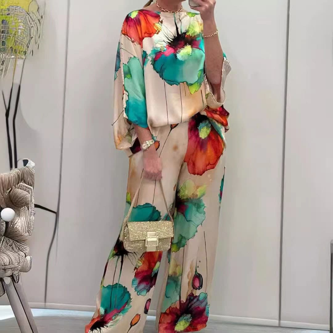 2024 New Arrival Fall/Winter Exclusive Collection - Urban Elegant Off-Shoulder Loose Printed Batwing Sleeve Pants Set