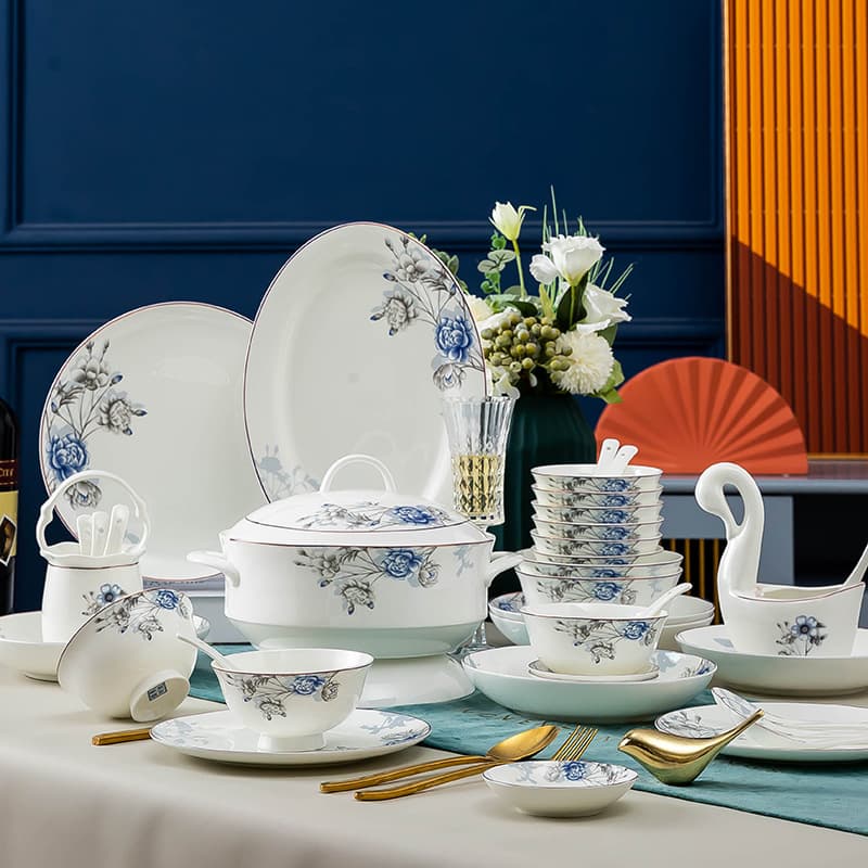 Tableware set bowls, chopsticks, plates, household ceramic bowls, gifts wholesale, new Chinese style bone china dining ins style blue and white porcelain