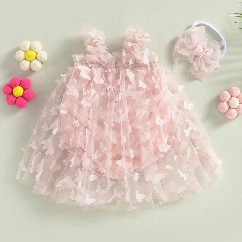 Newborn Baby Girl Princess Korean Sweet Butterfly Strap Solid Color Bodysuit with Triangle Skirt Hem