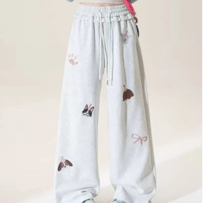 Drawstring Elastic Waist Princess-Style Casual Wide-Leg Pants for Women, Fashionable and Stylish Straight-Leg Pants, New Cartoon Embroidered Sports Pants