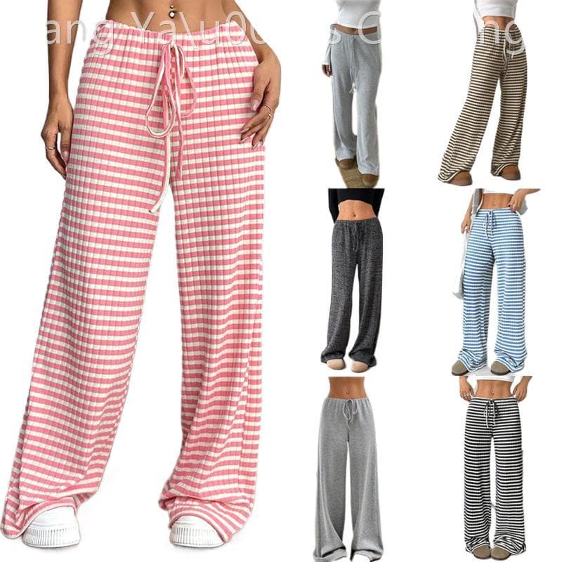 Women's Striped Rubber Drawstring Straight Leg Pants Rubber drawstring straight leg pants