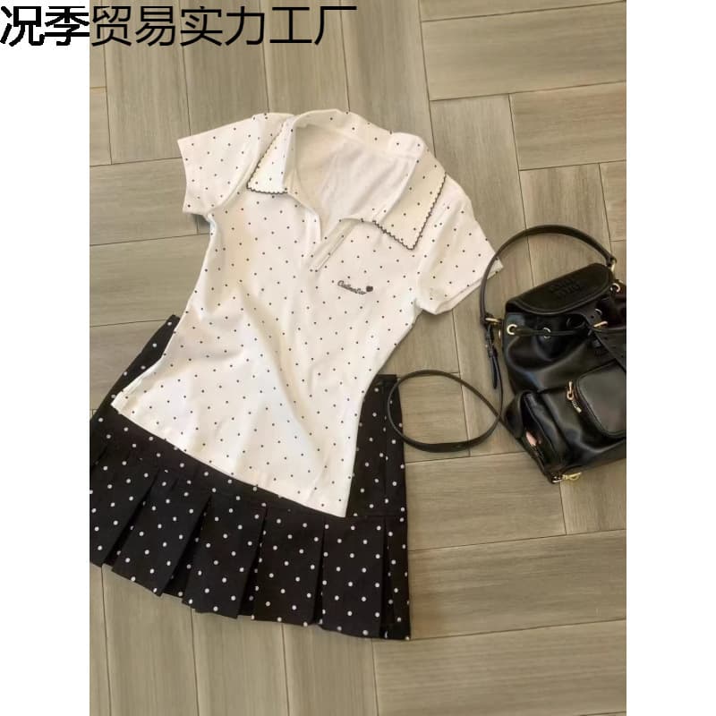 White polka dot embroidered polo shirt right shoulder short sleeve T-shirt for women 2026 new summer slim short hot girl top
