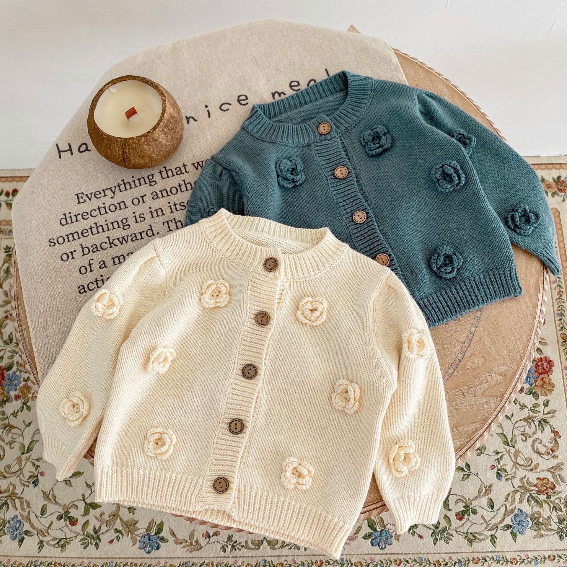 0-3 Years Old Autumn Children Handmade Flower Cotton Woven Shawl Round Neck Sweater Opening Casual Style Long Sleeve