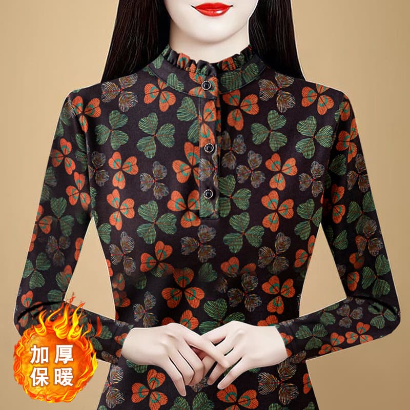 Autumn/winter new fashion age-reducing Korean style base layer long-sleeve elegant Australian fleece thickened warm stand-collar blouse top