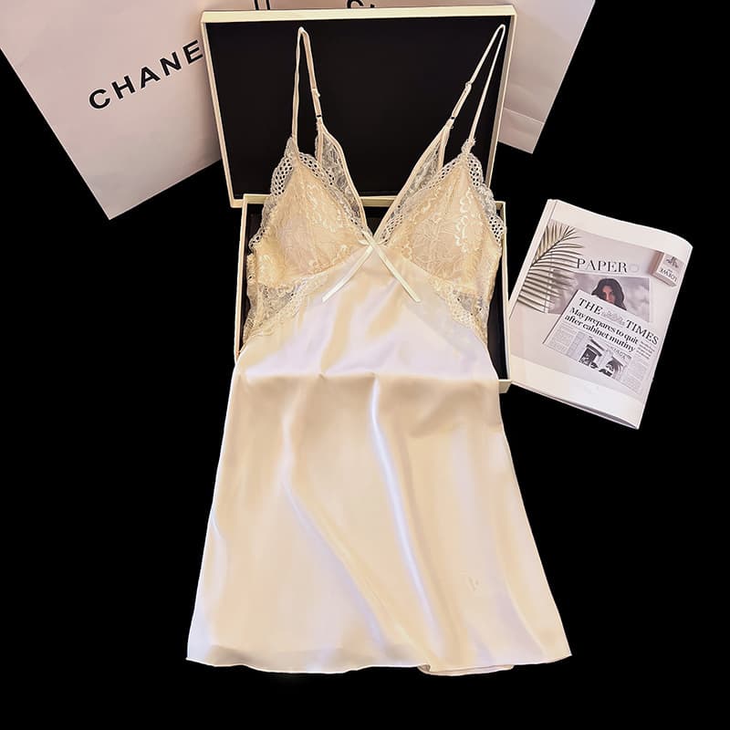 Sexy Nightgown for Women Summer Ice Silk New with Padded Cups Lace High-End Backless Spring Summer Camisole Sleep Dress