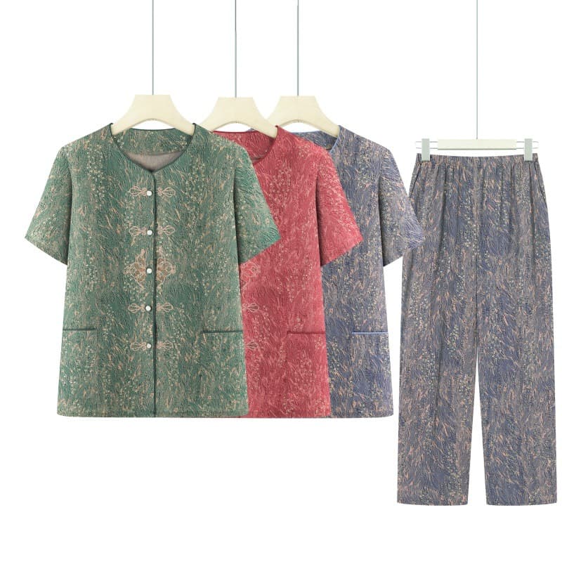 Grandma Blouse Summer Short Sleeve Set for Women in Their 60s and 70s, Middle-aged and Elderly Women's Summer Clothing