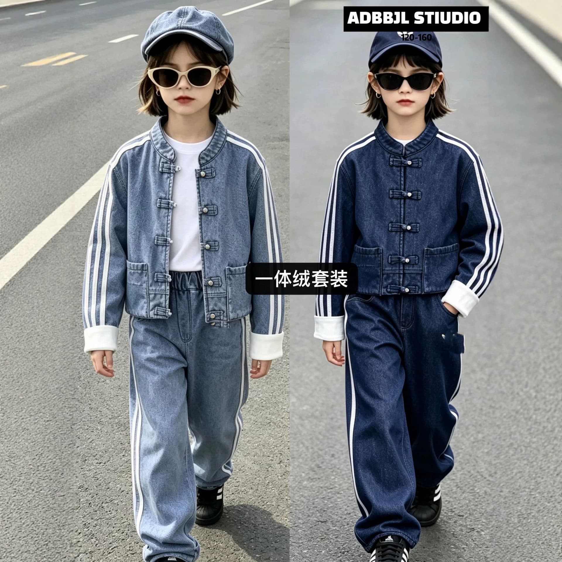 Kids' Winter Thickened Denim Set Middle Older Kids Casual European American Style Fleece-Lined Denim 2-Piece Set Zhili Kids Clothing