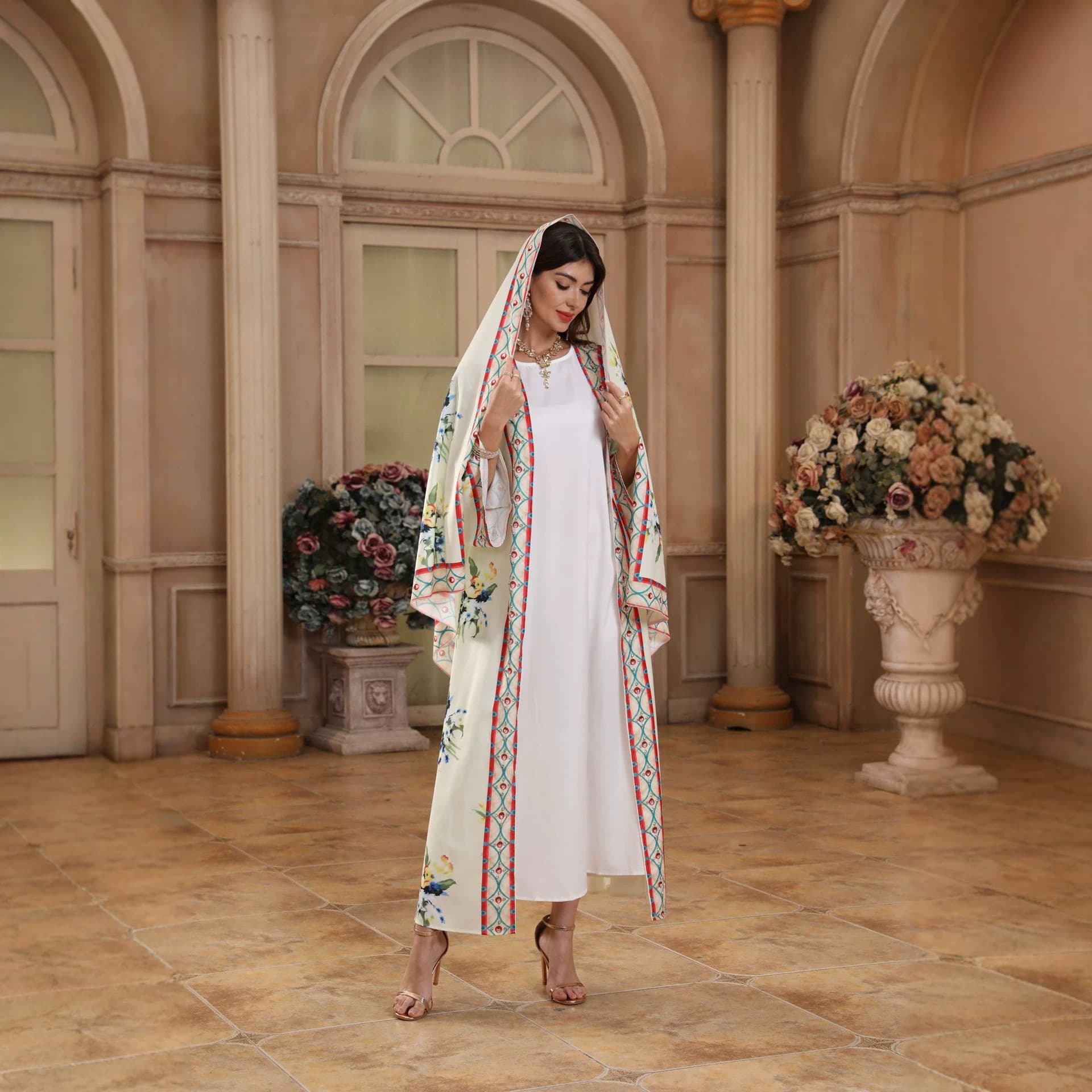 2026 Summer New Modest Printed Cardigan Robe with Headscarf Amazon Elegant Long Dress Two-Piece Set Coat