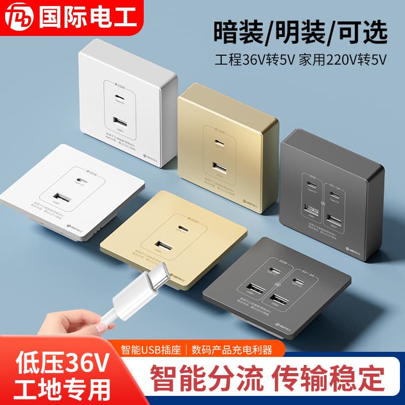 Surface/Concealed USB Socket Wall Panel Fast Charge 20W Charging Port, 86-Type 36V Low Voltage 220V to 5V