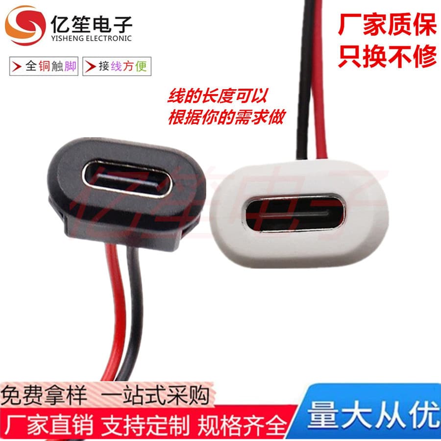 TYPE-C Female Socket 2P Injection Molded, Straight Press Type, Oval Charging Port for Desk Lamps, Electric Vehicles, Car USB Connector