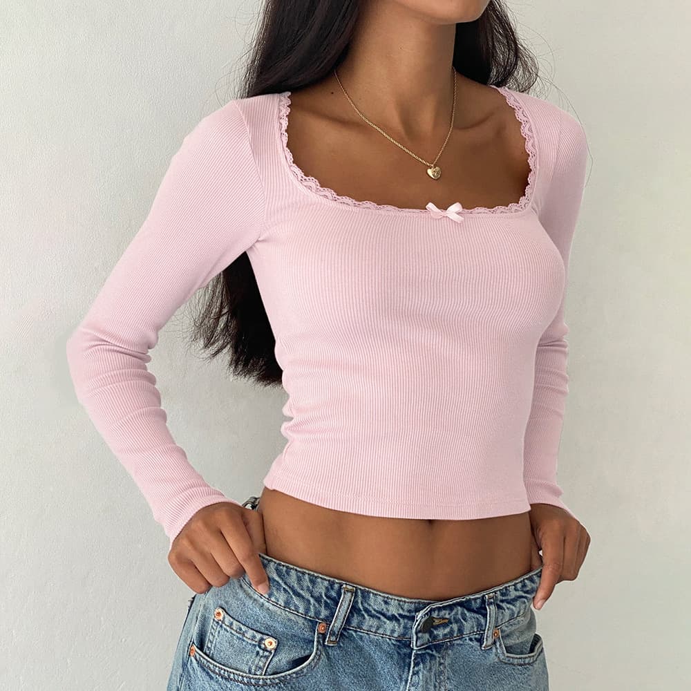 European and American Women's Solid Simple Lace Trim Crop Top Sexy Hot Girl Versatile Fitted Shirt