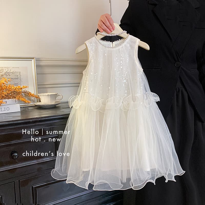 Blue Town 2026 New Girls Dress Summer Fashionable Little Girl Dress Stunning Sequin Mesh Skirt