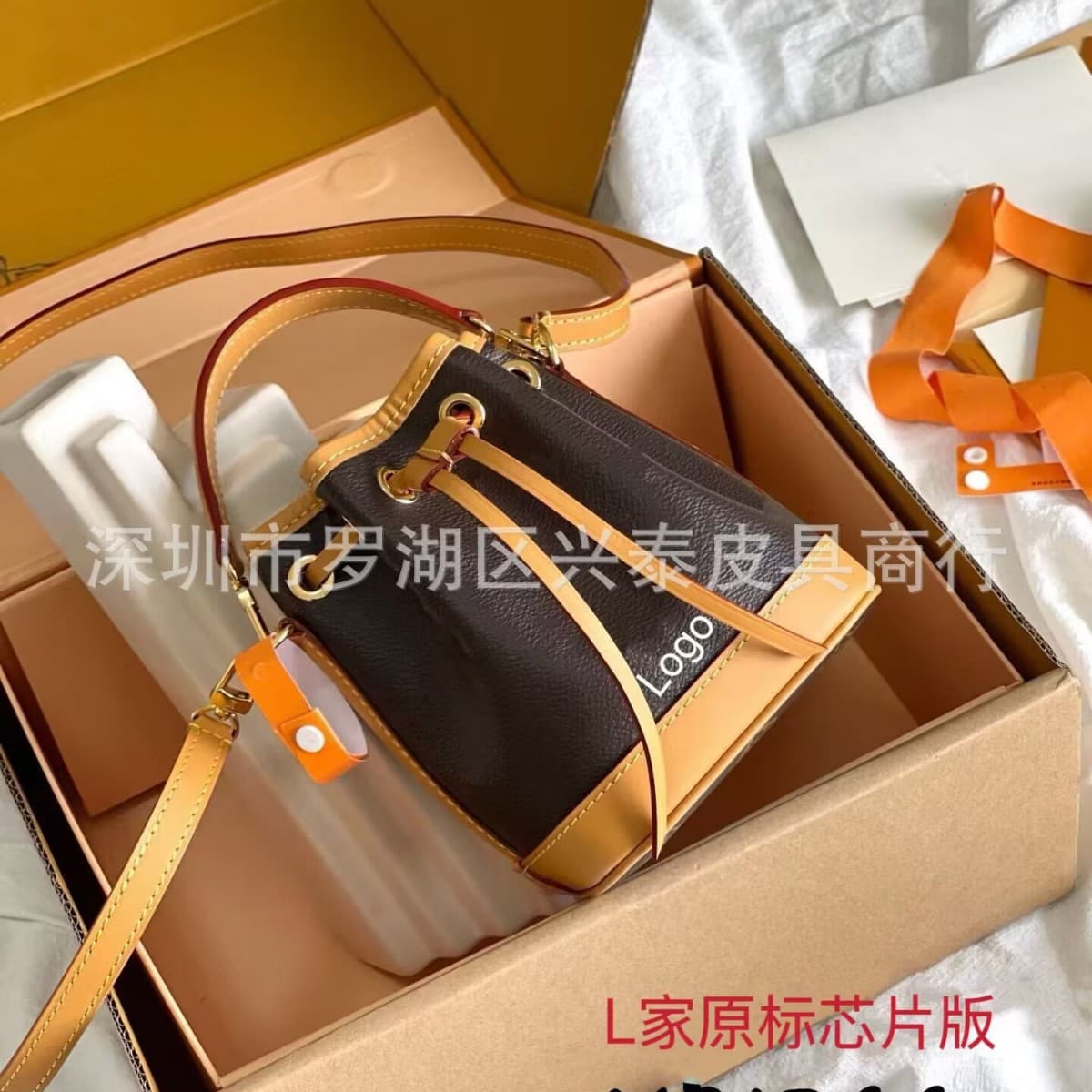European and American big-name genuine leather women's bag Presbyopia logo&lv mini bucket bag portable shoulder crossbody drawstring bag