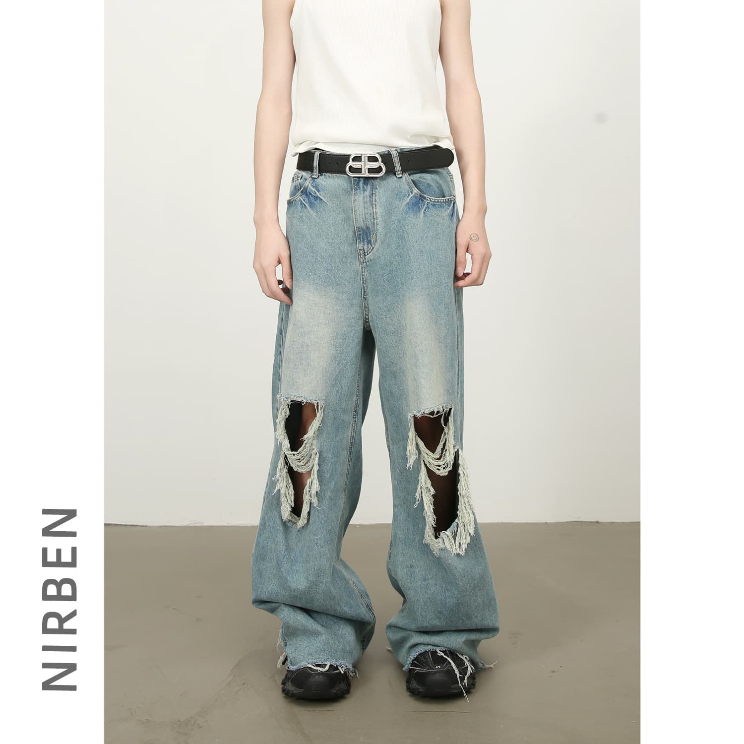Nirben Denim | Korean Style High-Street Vintage Hole Tassel Wide-Leg Loose Straight Mopping Joker Jeans for Men