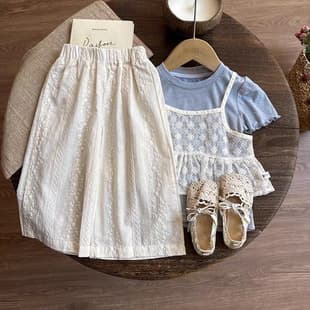 Girls' Summer 2026 New Style Fashionable Cute Baby Lace Camisole Short-Sleeve T-Shirt and Pants 3-Piece Set