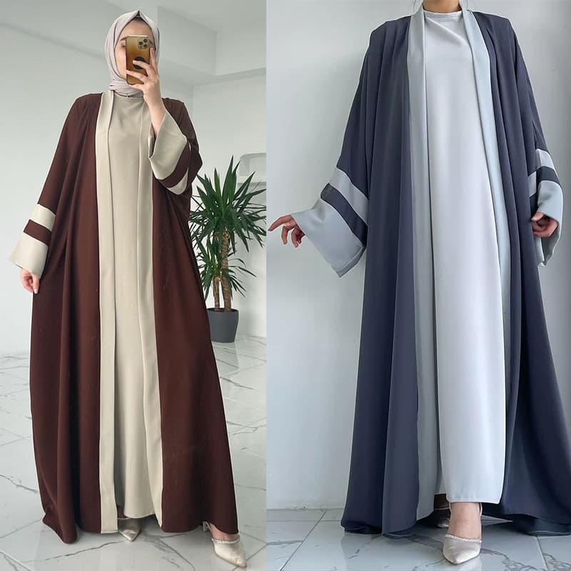 ST001 Long Cardigan Robe Cross-Border Women's Wear Four-Season Long Dress Two-Piece Set Vest + Jacket Contrast Stitching