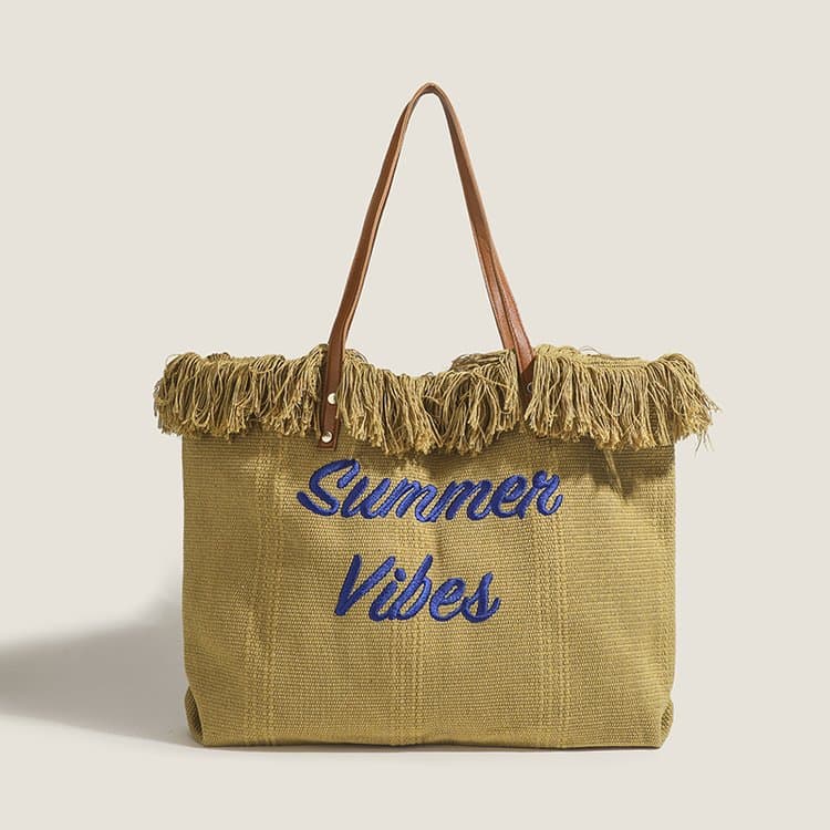 Large Capacity Canvas Tote Bag with Embroidered Letters, Handbag for Women, Beach Bag, Shoulder Bags, Woven Tote