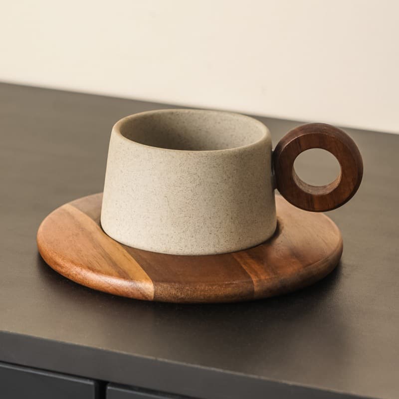 Cross-border OEM clay coffee cup scented tea coffee cup set wooden coaster as a gift to customers coffee cup