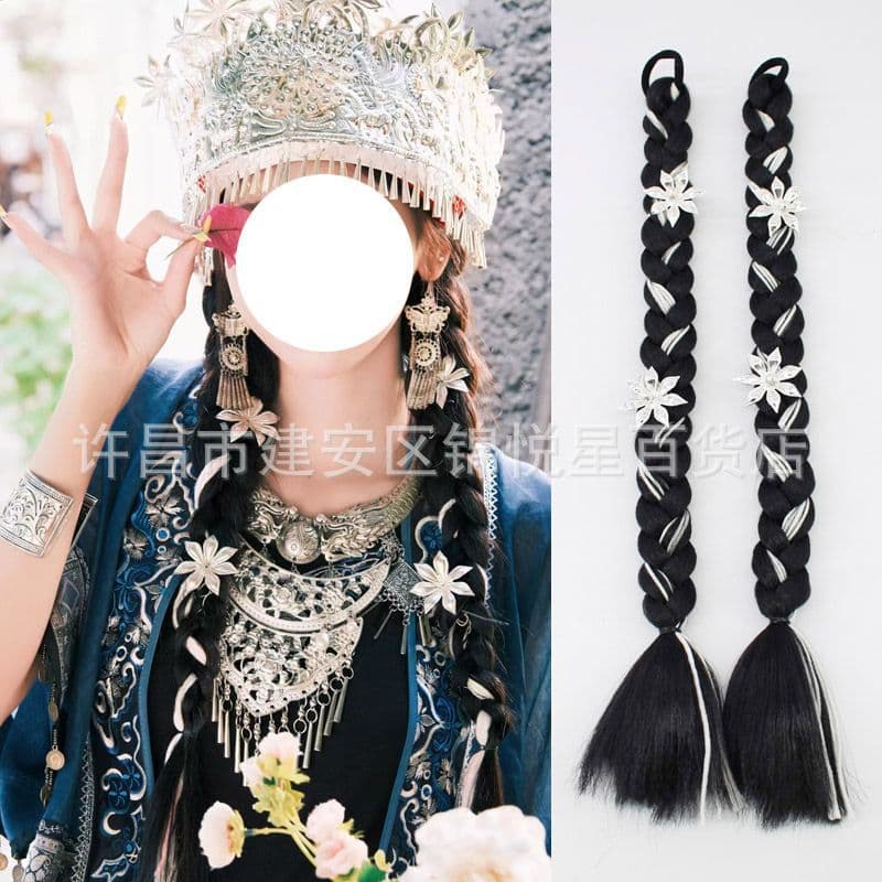 New Style Miao Ethnic Ancient-Style Floral Dreadlock Wig for Women, Ponytail Braids, Long Braided Hair, Sweet and Cool Girl Style, Silver Thread Braids
