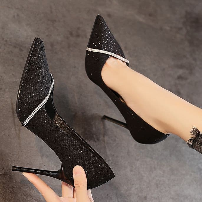 Cross-border Stock Rhinestone Stiletto Pointed Toe High Heels Women's Commuter PU Shoes 72-Hour Delivery Ultra-High Heel