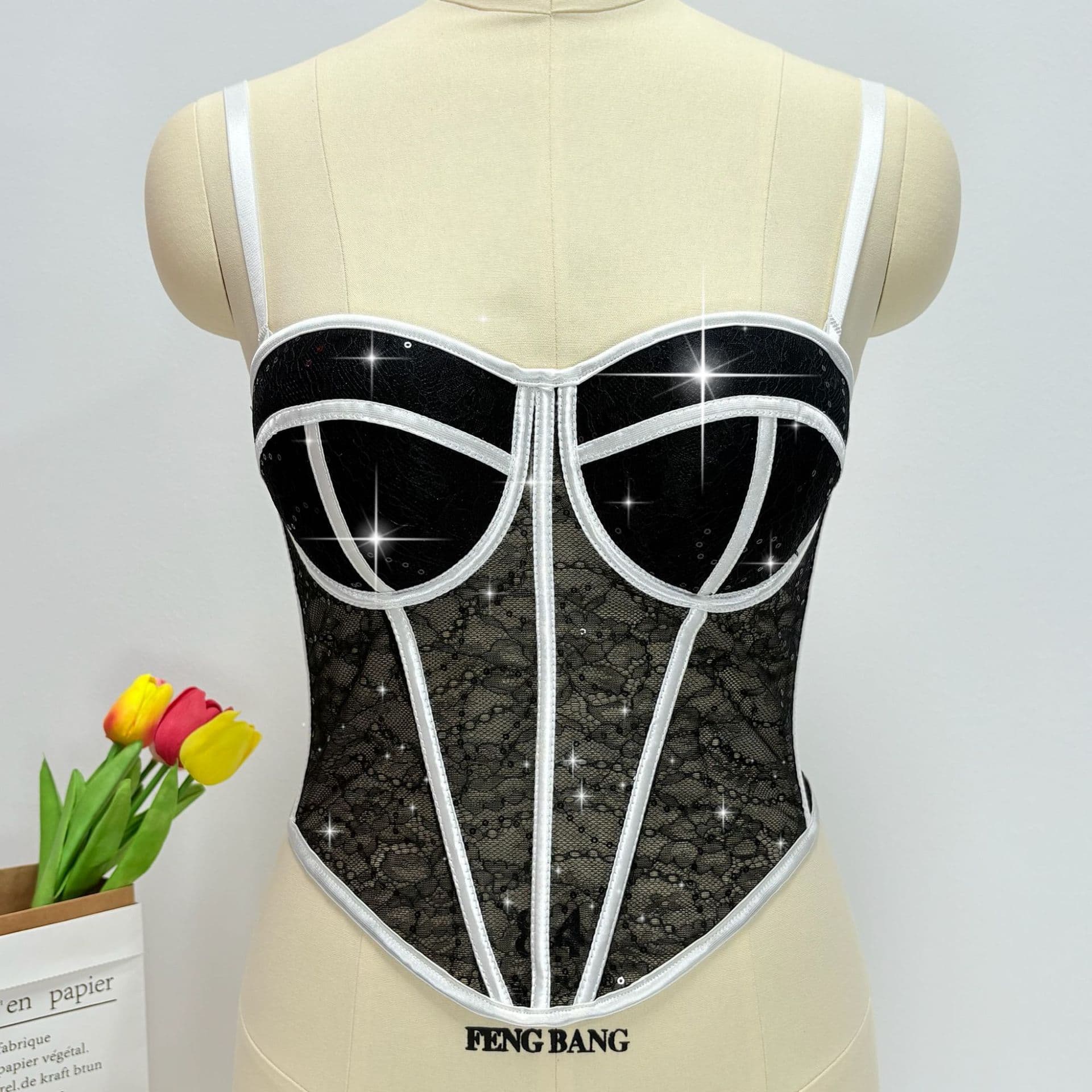 New cross-border trade women's medical beauty shaping top, lace sequined glitter outerwear camisole plus size fishtail bra