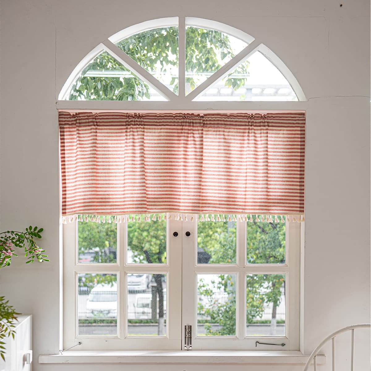 Amazon Cross-Border Finished Product Simple Yarn-Dyed Striped Short Curtain with Fringe Linen Semi-Sheer Door Curtain Coffee Curtain Finished Product
