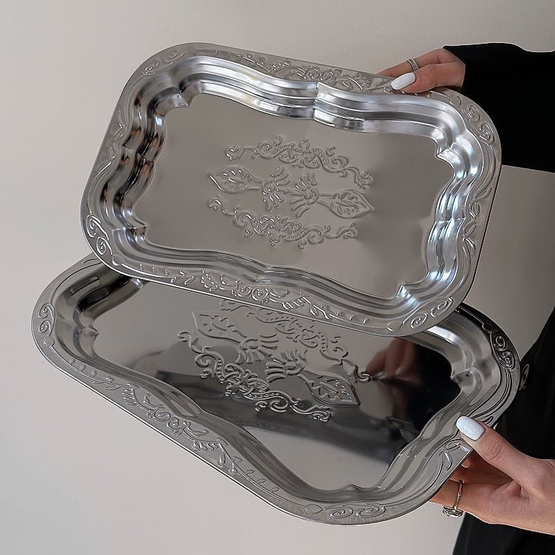 Stainless Steel Rectangular Tray Export Embossed Metal Fruit Tray Embossed Storage Tray Decorative Tray Dried Fruit Tray Cake Tray
