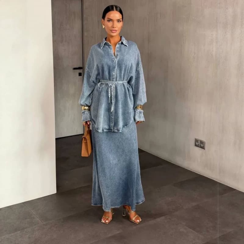 Cross-border Women's Fashion 2025 Fall New Belt Shirt and Denim Skirt Casual Set
