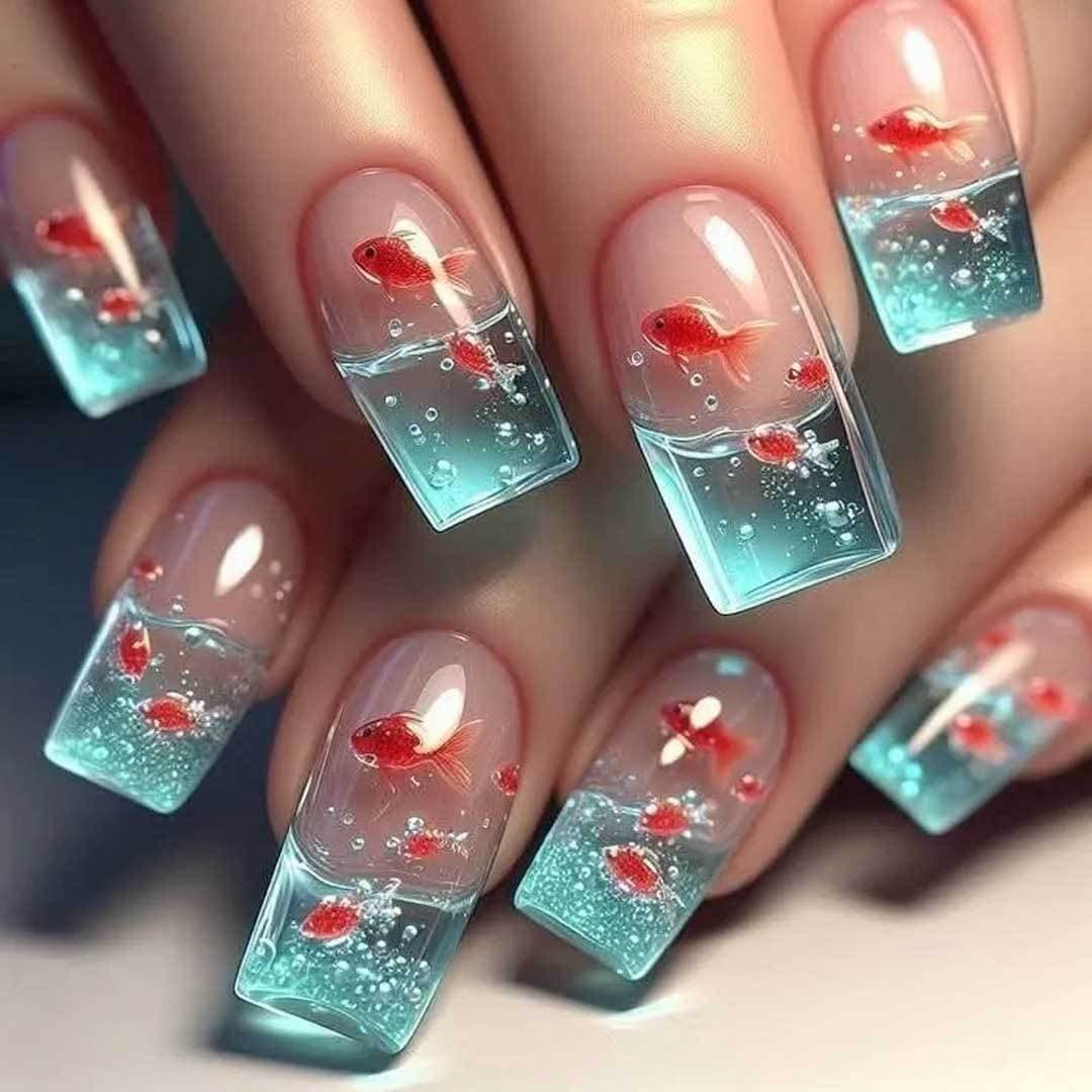 X-0575 Press-Type Cross-Border Manicure Patch Blue Manicure Water Tank Goldfish Rectangular Manicure Patch Nail